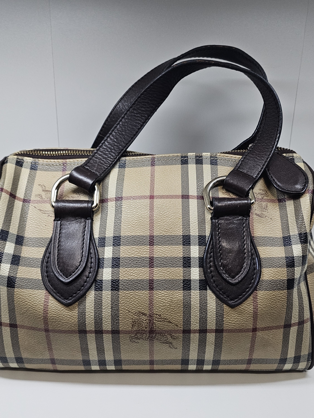 Burberry Beige Plaid Satchel with Dark Brown Leather Handles